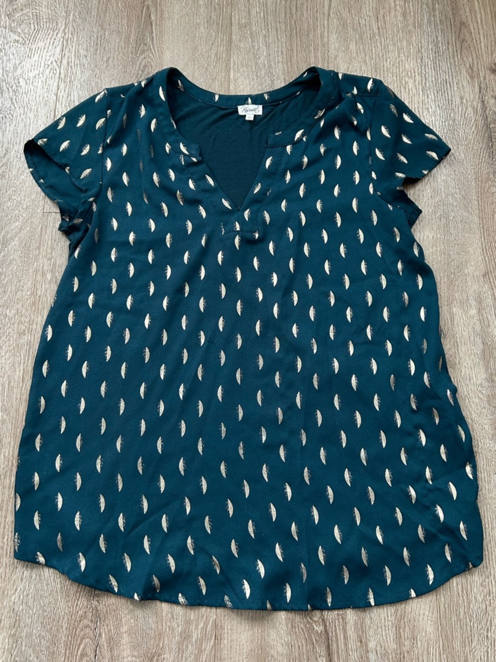 Kismet Teal Short-Sleeve V-Neck Blouse with Gold Feather Print